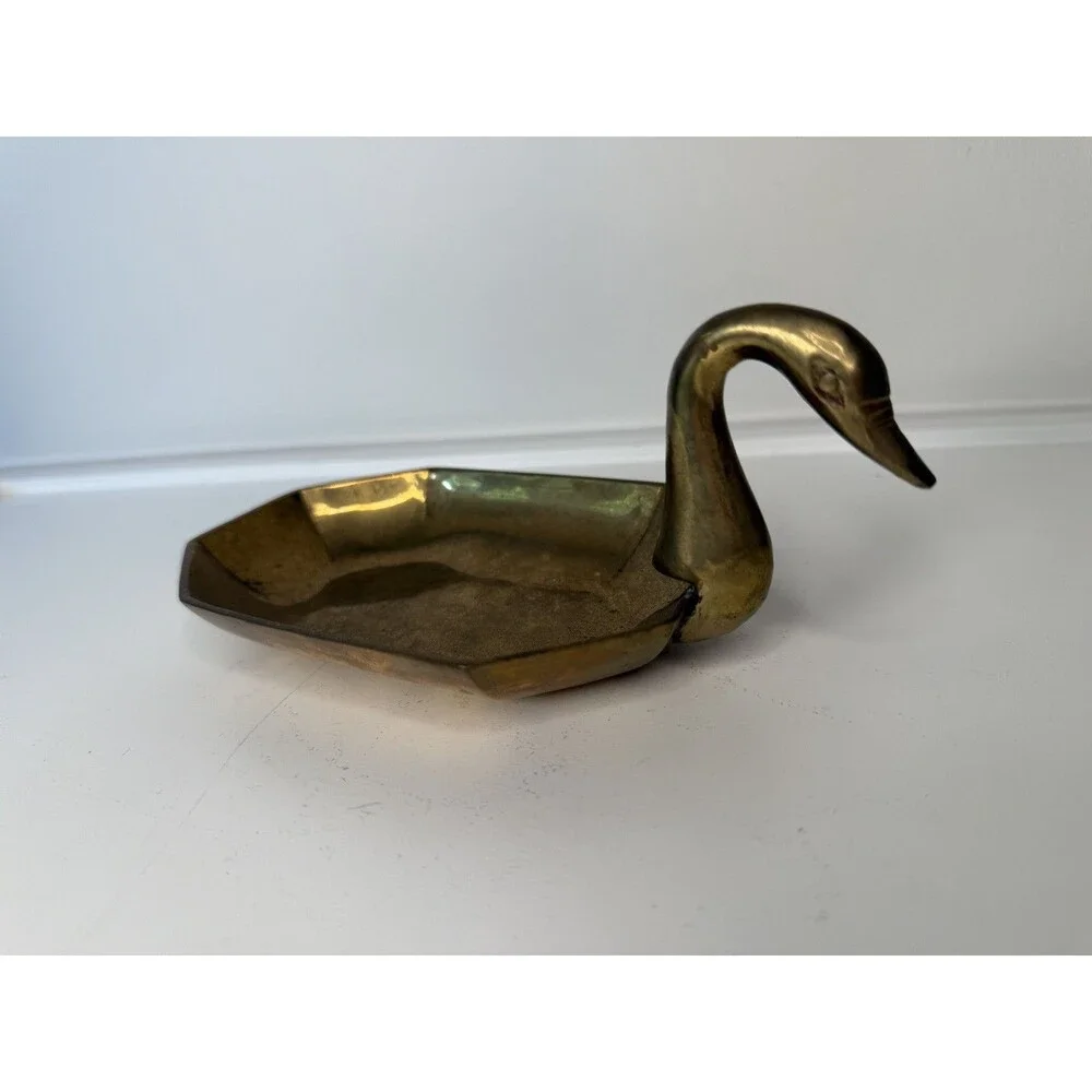 Vintage Brass Swan Trinket Dish Mid Century Modern Octagonal Bowl